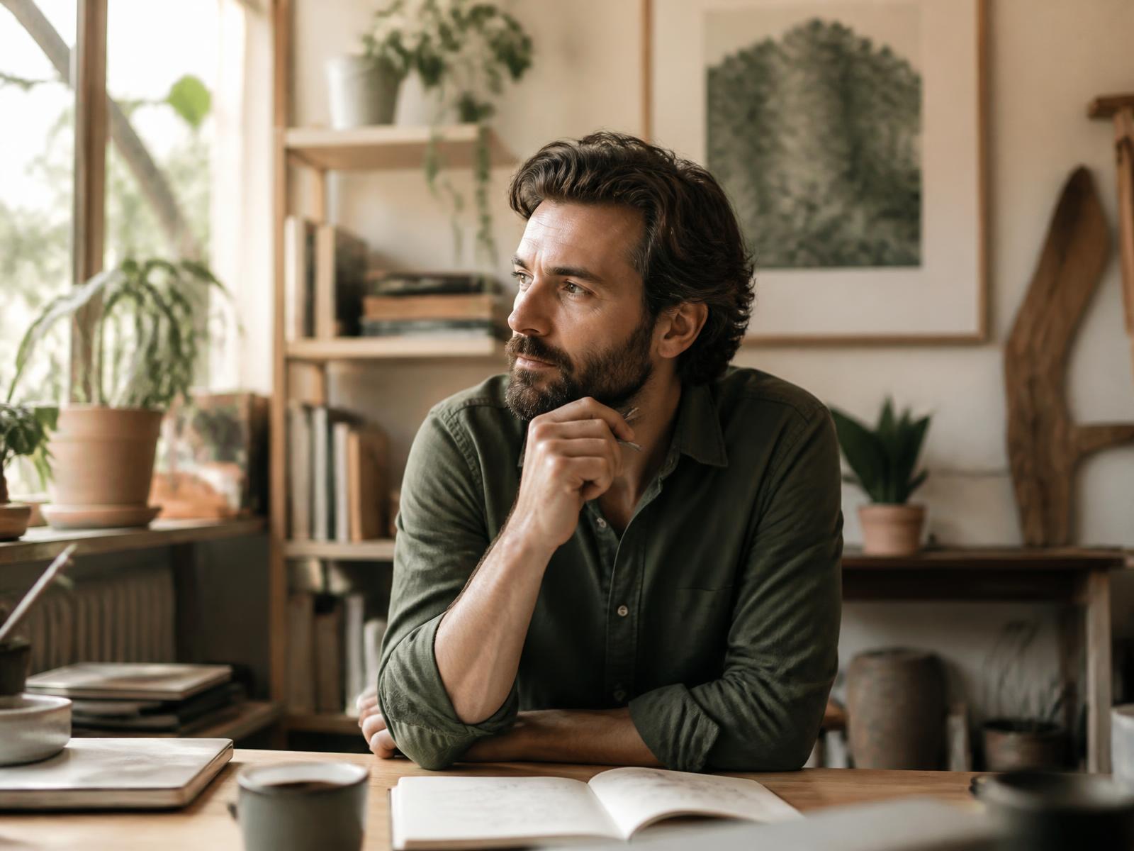 Creative founder in a warm sunlit studio